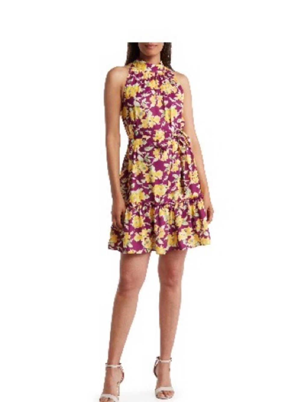 Floral Halter Tie-Waist Mini Dress in Purple and Yellow